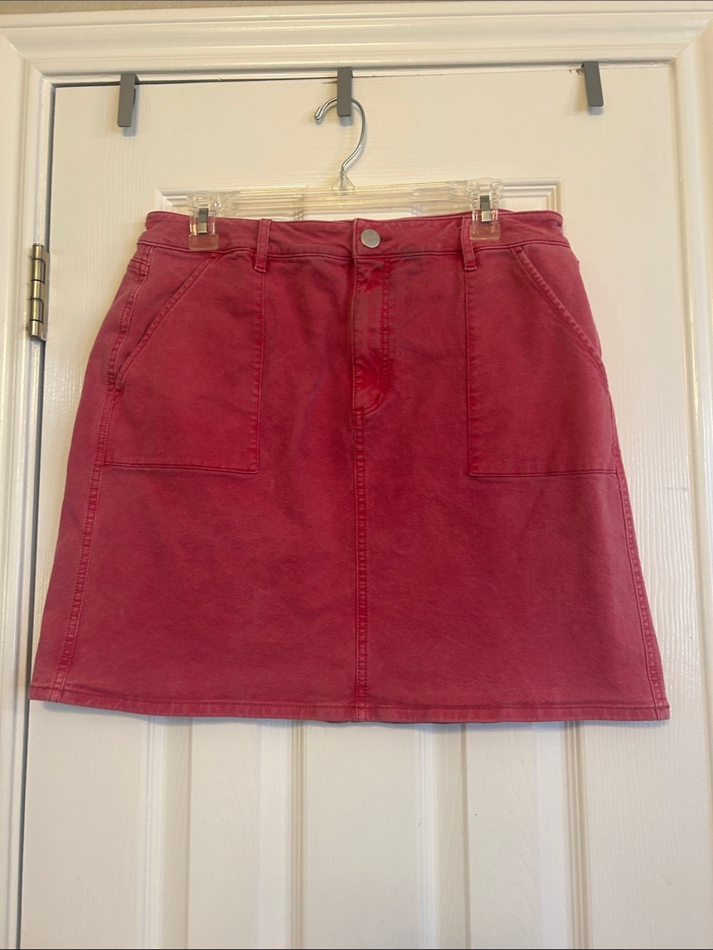 LOFT Pink-Red Denim Mini Skirt with Front Pockets